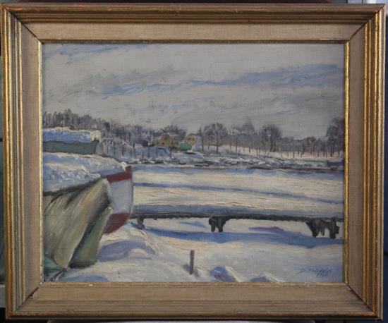 D. Friefeldt Winter lake under snow, Stockholm, 13.5 x 17in.